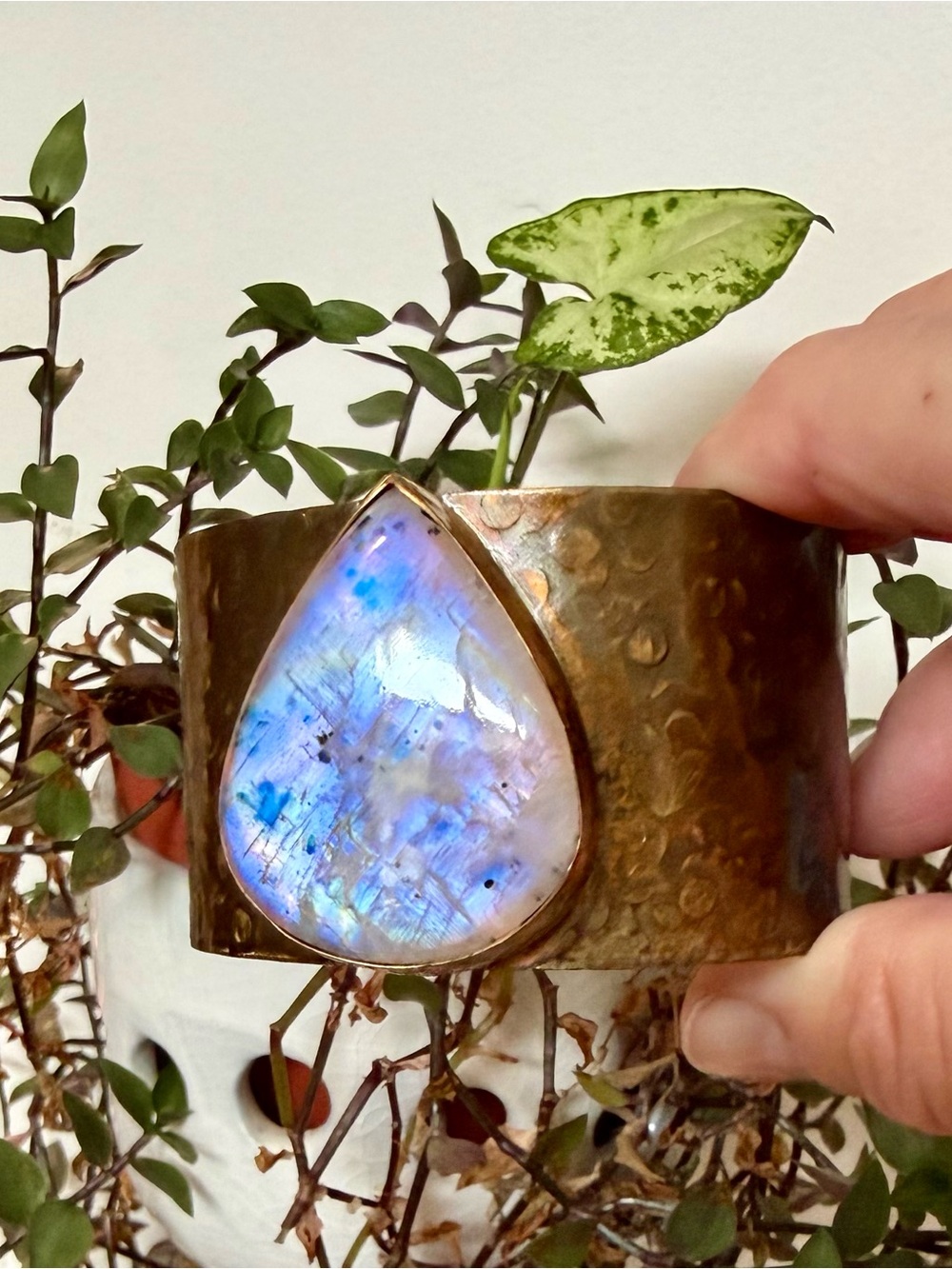 Moonstone and Copper Cuff Bracelet - Flashy Blue!